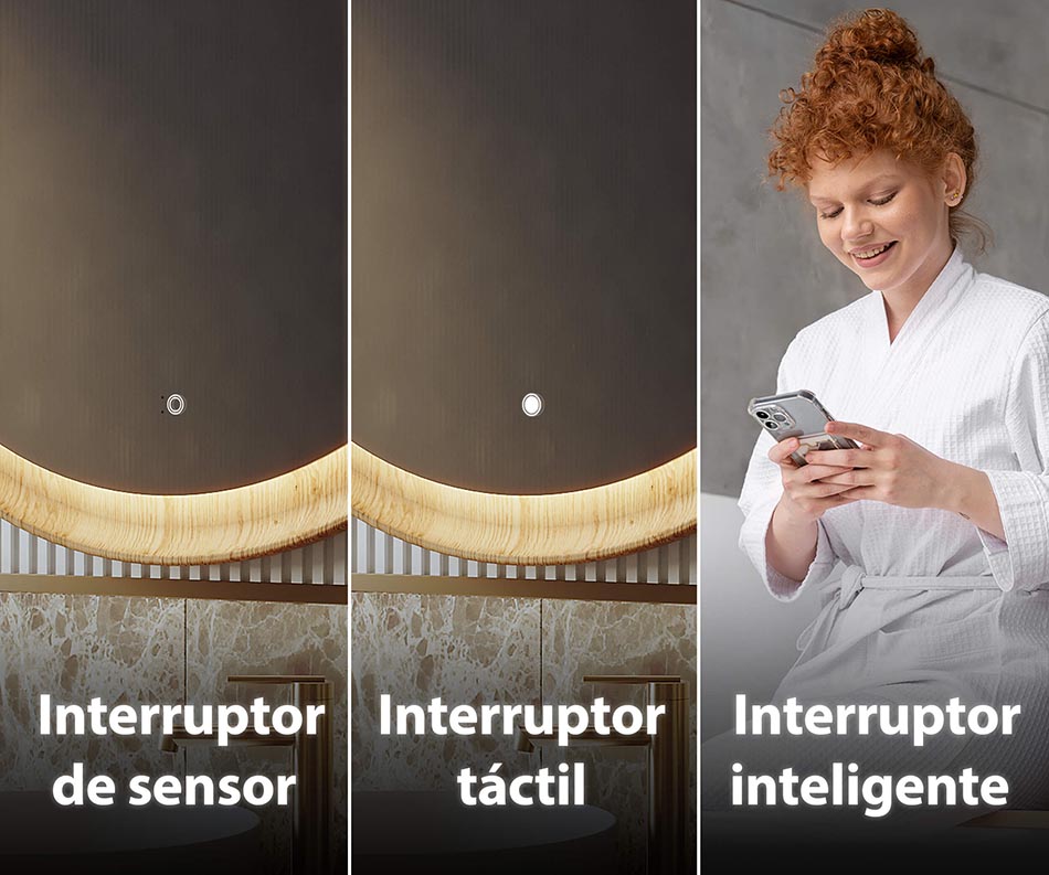 Si lo desea, nuestros espejos iluminados pueden equiparse con uno de los distintos interruptores de luz
