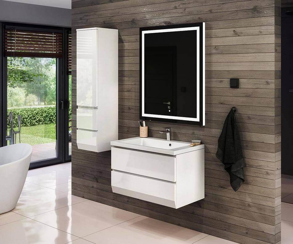 Escoja los muebles de baño en una de dos composiciones de color: Blanco brillante, Gris brillante. ¡Un conjunto completo ajustado a sus necesidades!