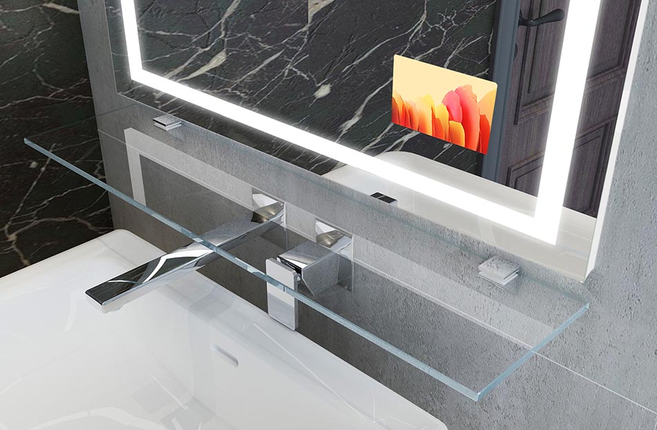 El estante de cristal es un accesorio perfecto y atemporal que combina perfectamente con el espejo y que también puede utilizarse como espacio para los accesorios de baño.