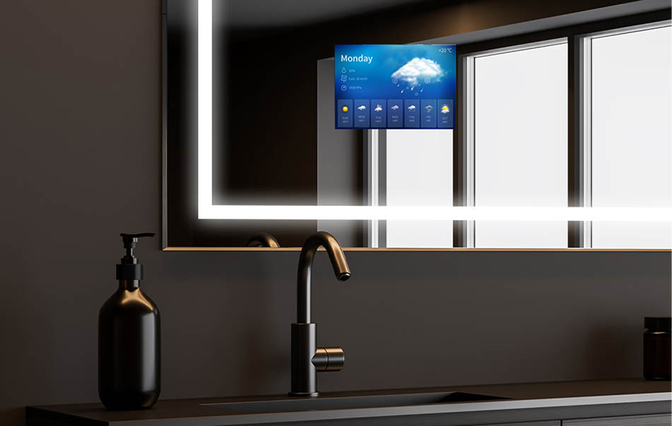 En nuestros espejos de baño puedes instalar la aplicación AccuWeather que presenta la previsión meteorológica actual. Es la mejor fuente de información, que utilizan 1.500 millones de personas cada día. Si acabas de comprobar que el día no será agradable para dar un largo paseo... relájate con un baño caliente con tu serie de televisión favorita. ¡El agua caliente, la delicada iluminación LED y una serie de televisión de gran calidad te garantizan un día perfecto!