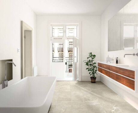 Gres para suelo de 60x120, gris claro con un cálido tono beige y vetas, mate, A4H140 Ermetica Bianco