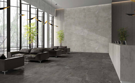 Gres para suelo de 60 x 120 cm, gris oscuro con vetas claras, acabado mate, A4H141 Ermetica Lavagna