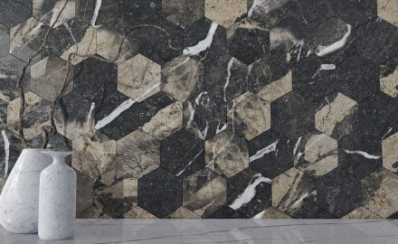 Azulejo de gres de gran formato, 120 x 280 cm, negro brillante con vetas doradas, rectificado, A4H195 Pierre Black