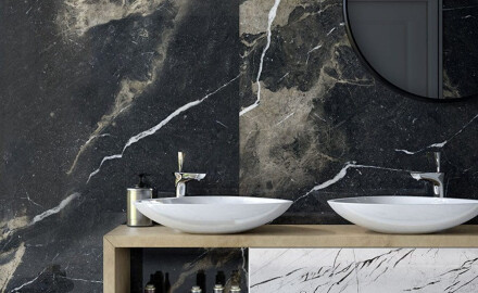 Azulejo de gres de gran formato, 120 x 270 cm, negro mate con vetas doradas, rectificado, A4H196 Pierre Black