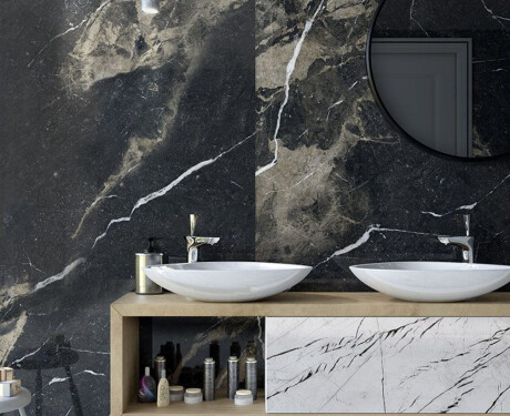 Azulejo de gres de gran formato, 120 x 270 cm, negro mate con vetas doradas, rectificado, A4H196 Pierre Black