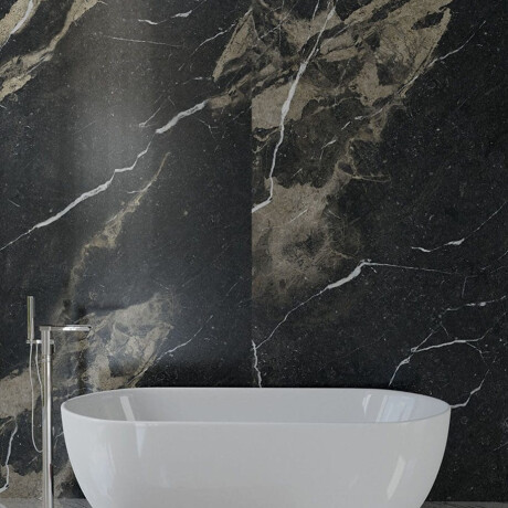 Azulejo de gres de gran formato, 120 x 270 cm, negro mate con vetas doradas, rectificado, A4H196 Pierre Black #2