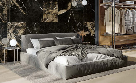 Gres esmaltado para suelo Pierre Black, 120 x 120 cm, negro brillante con vetas doradas, rectificado, A4H197
