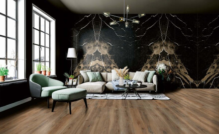 Azulejo de gres de gran formato para suelo, 120 x 280 cm, Bookmatch, negro brillante con vetas doradas, rectificado, A4H203 Pierre Black