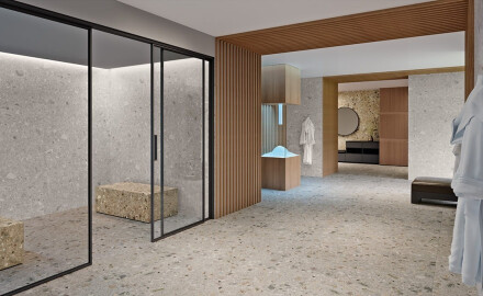 Gres esmaltado para suelo, 120 x 280 cm, color beige, efecto terrazo, mate, rectificado, A4H406 Ceppo Di Gre Warm