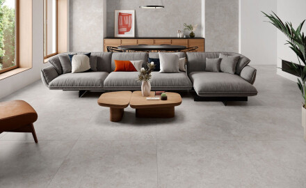 Gres para suelo 100x100, travertino cortado transversalmente, mate, gris A4H497 Chrono Grey