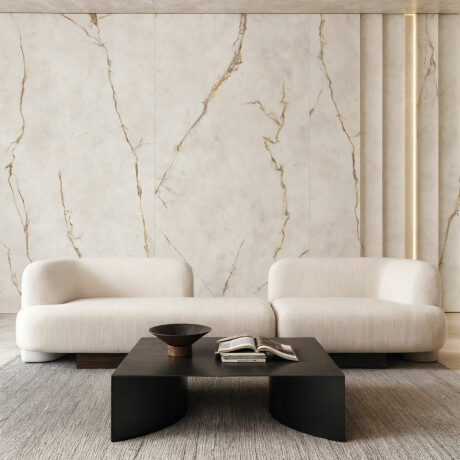 Gres de gran formato 120x280, efecto mármol con vetas de tono cálido, acabado brillante A4H634 Dubai Gold #2