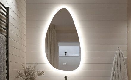 Espejo irregular con iluminación, 64×104 cm, bicolor, interruptor táctil, alfombrilla calefactable