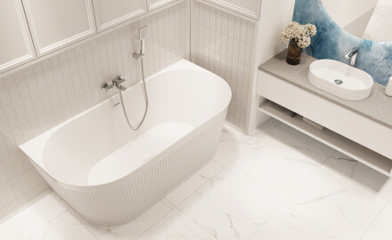 Bañera exenta acanalada Glamour de 170 cm, con sifón y tapón/desagüe en blanco