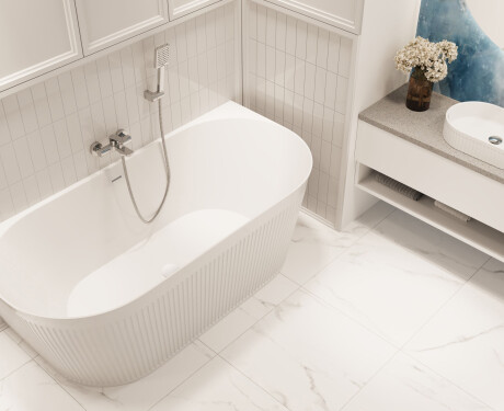 Bañera exenta acanalada Glamour de 170 cm, con sifón y tapón/desagüe en blanco