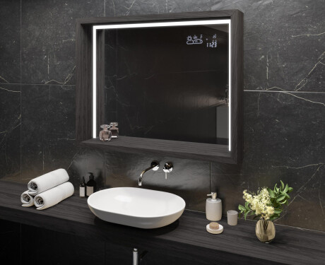 Espejo de baño con iluminación LED - con estante y marco - woodenframe #11