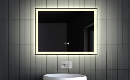 Espejo de baño moderno e iluminado LED L01 80x60 cm: interruptor táctil, estera de calefacción, dualcolor