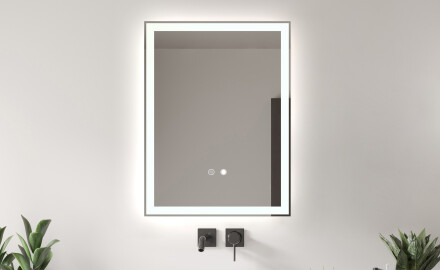 Espejo de baño moderno e iluminado LED L01 60x80 cm: interruptor táctil, estera de calefacción, dualcolor