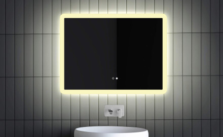 Espejo de baño moderno e iluminado LED L59 80x60 cm: interruptor táctil, estera de calefacción, dualcolor