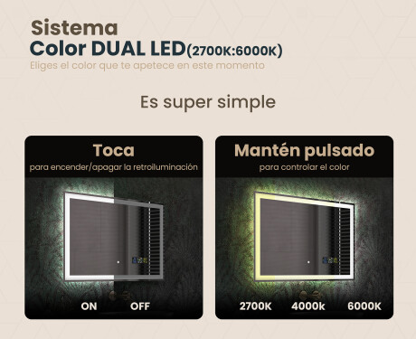 Espejo de baño con luz LED incorporada 80x60cm con Dual color, Interruptor táctil, Estación meteorológica - L01 #3