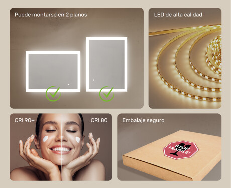 Espejo rectangular de baño con iluminación LED 80x60 cm con Dual color, Interruptor táctil #5