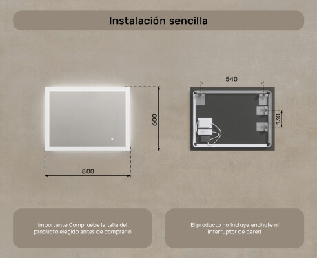 Espejo rectangular de baño con iluminación LED 80x60 cm con Dual color, Interruptor táctil #7