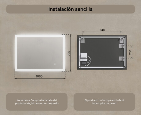 Espejo rectangular de baño con iluminación LED 100x70 cm con Dual color, Interruptor táctil #7