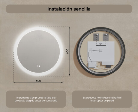 Espejos redondos con iluminación LED para baño 60 cm con Dual color, Interruptor táctil, Estera de calefacción #8