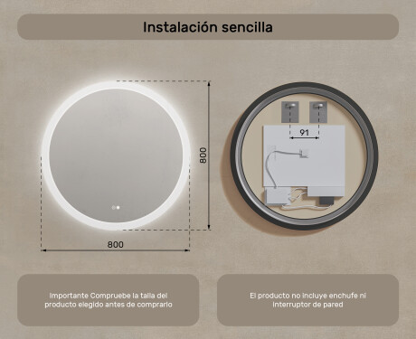 Espejo redondo de baño con iluminación LED 80 cm con Dual color, Interruptor táctil, Estera de calefacción #8