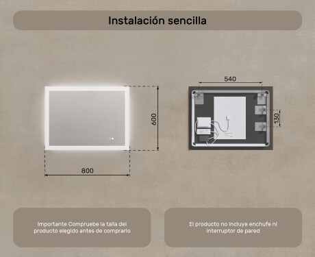 Espejo rectangular de baño LED 80x60 cm con Dual color, Interruptor táctil, Estera de calefacción #8