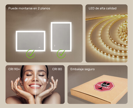 Espejo rectangular de baño con iluminación LED 100x70 cm con Dual color, Interruptor táctil, Estera de calefacción #6