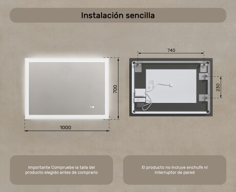 Espejo rectangular de baño con iluminación LED 100x70 cm con Dual color, Interruptor táctil, Estera de calefacción #8