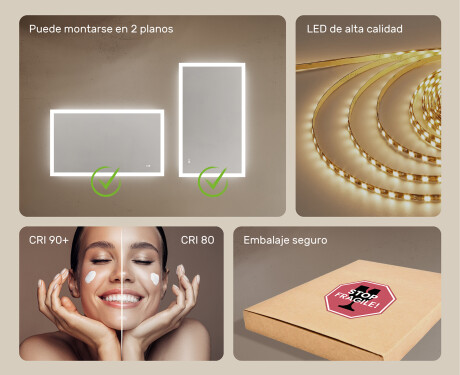 Espejo rectangular de baño con iluminación LED 120x70 cm con Dual color, Interruptor táctil, Estera de calefacción #6