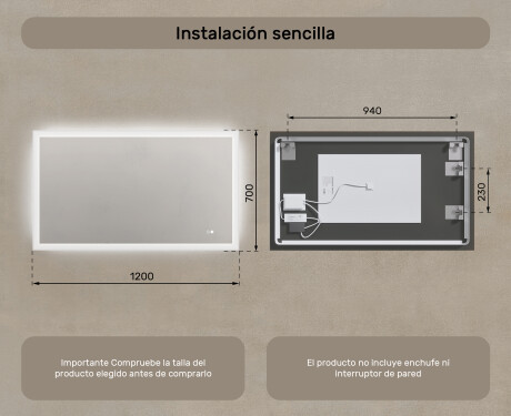 Espejo rectangular de baño con iluminación LED 120x70 cm con Dual color, Interruptor táctil, Estera de calefacción #8