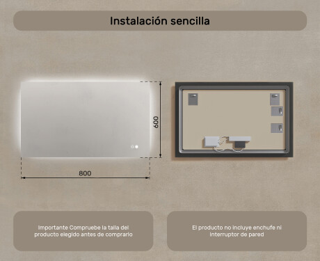 Espejo rectangular para baño con iluminación LED 80x60/60x80 cm, doble color, interruptor táctil, almohadilla calefactora #7