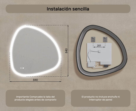 Espejo irregular con iluminación, 84×84 cm, bicolor, interruptor táctil, alfombrilla calefactable #8