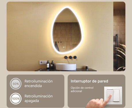 Espejo irregular con iluminación, 64×94 cm, bicolor, interruptor táctil, alfombrilla calefactable #4