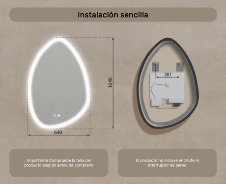Espejo irregular con iluminación, 64×94 cm, bicolor, interruptor táctil, alfombrilla calefactable #8