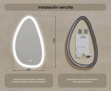 Espejo irregular con iluminación, 64×104 cm, bicolor, interruptor táctil, alfombrilla calefactable #8