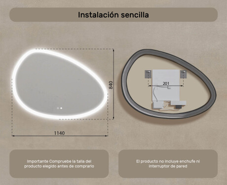 Espejo irregular con iluminación, 114×84 cm, bicolor, interruptor táctil, alfombrilla calefactable #8