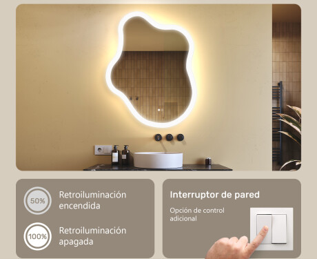 Espejo irregular con iluminación, 74×94 cm, bicolor, interruptor táctil, alfombrilla calefactable #4