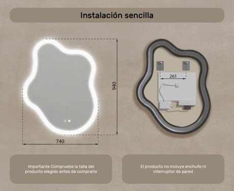 Espejo irregular con iluminación, 74×94 cm, bicolor, interruptor táctil, alfombrilla calefactable #8