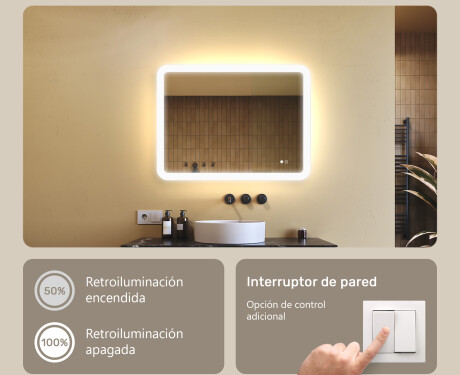 Espejo de baño redondeado con iluminación LED, 80×60 cm, bicolor, interruptor táctil, alfombrilla calefactable #4