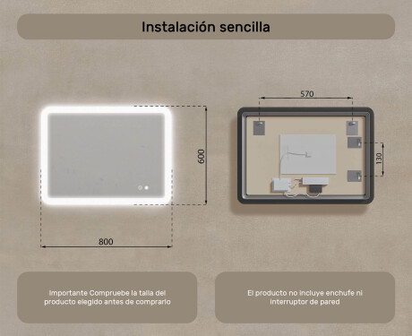 Espejo de baño redondeado con iluminación LED, 80×60 cm, bicolor, interruptor táctil, alfombrilla calefactable #8