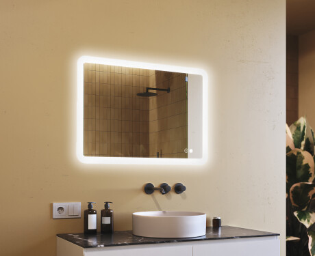 Espejo de baño redondeado con iluminación LED, 100×70 cm, bicolor, interruptor táctil, alfombrilla calefactable