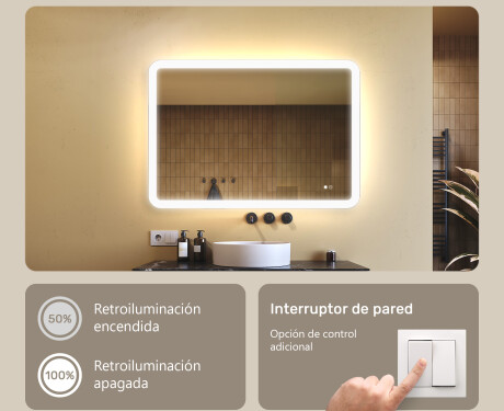Espejo de baño redondeado con iluminación LED, 100×70 cm, bicolor, interruptor táctil, alfombrilla calefactable #4