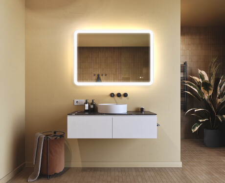Espejo de baño redondeado con iluminación LED, 100×70 cm, bicolor, interruptor táctil, alfombrilla calefactable #9