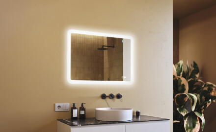 Espejo de baño redondeado con iluminación LED, 100×70 cm, bicolor, interruptor táctil, alfombrilla calefactable