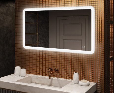 Espejo de baño redondeado con iluminación LED, 120×70 cm, bicolor, interruptor táctil, alfombrilla calefactable