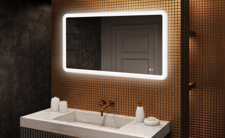 Espejo de baño redondeado con iluminación LED, 120×70 cm, bicolor, interruptor táctil, alfombrilla calefactable