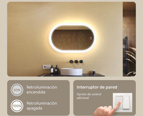 Espejo de baño iluminado, 80×50 cm, bicolor, interruptor táctil, alfombrilla calefactable #4